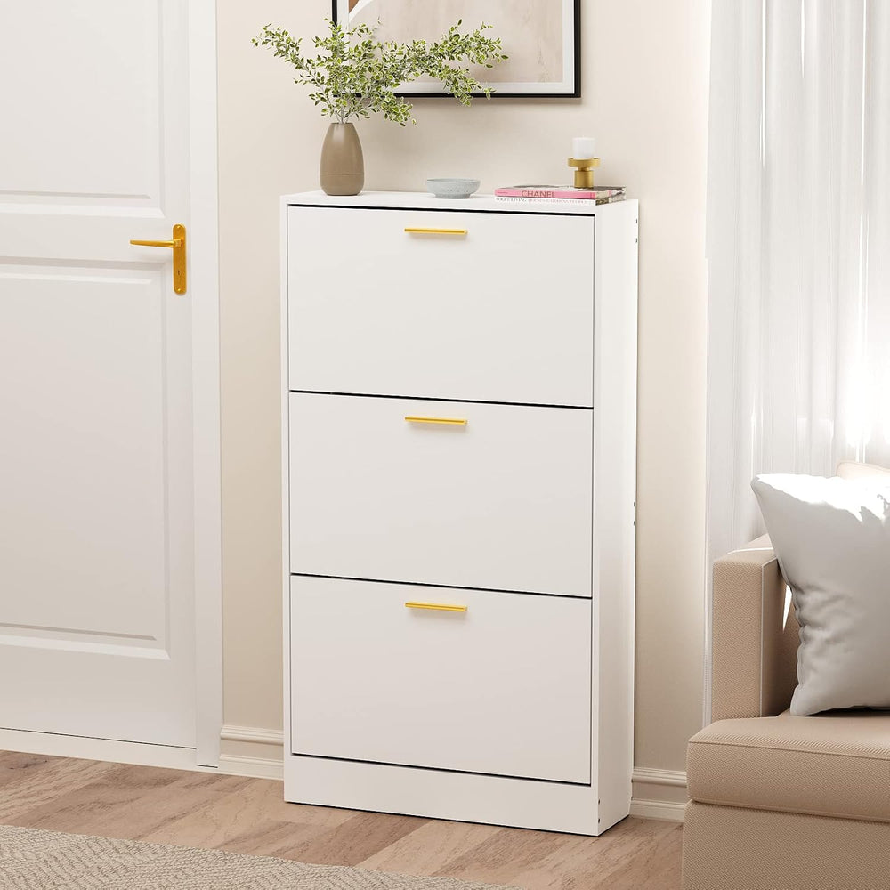JOZZBY Modern Shoe Cabinet Storage with 3 Flip Drawers, White丨Slim Freestandi...