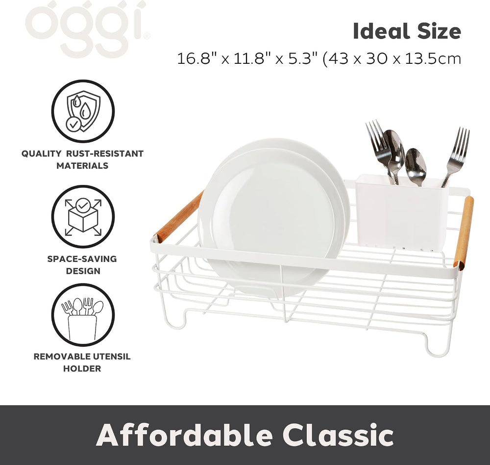 Oggi Large Dish Drying Rack - White & Bamboo Dish Drying Rack, Drying Rac...