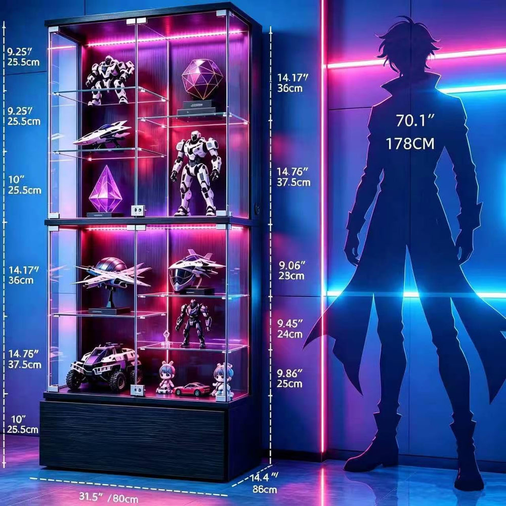 10-tier Glass Display Cabinet with RGB Lights,Curio Cabinet with 2 Locks
