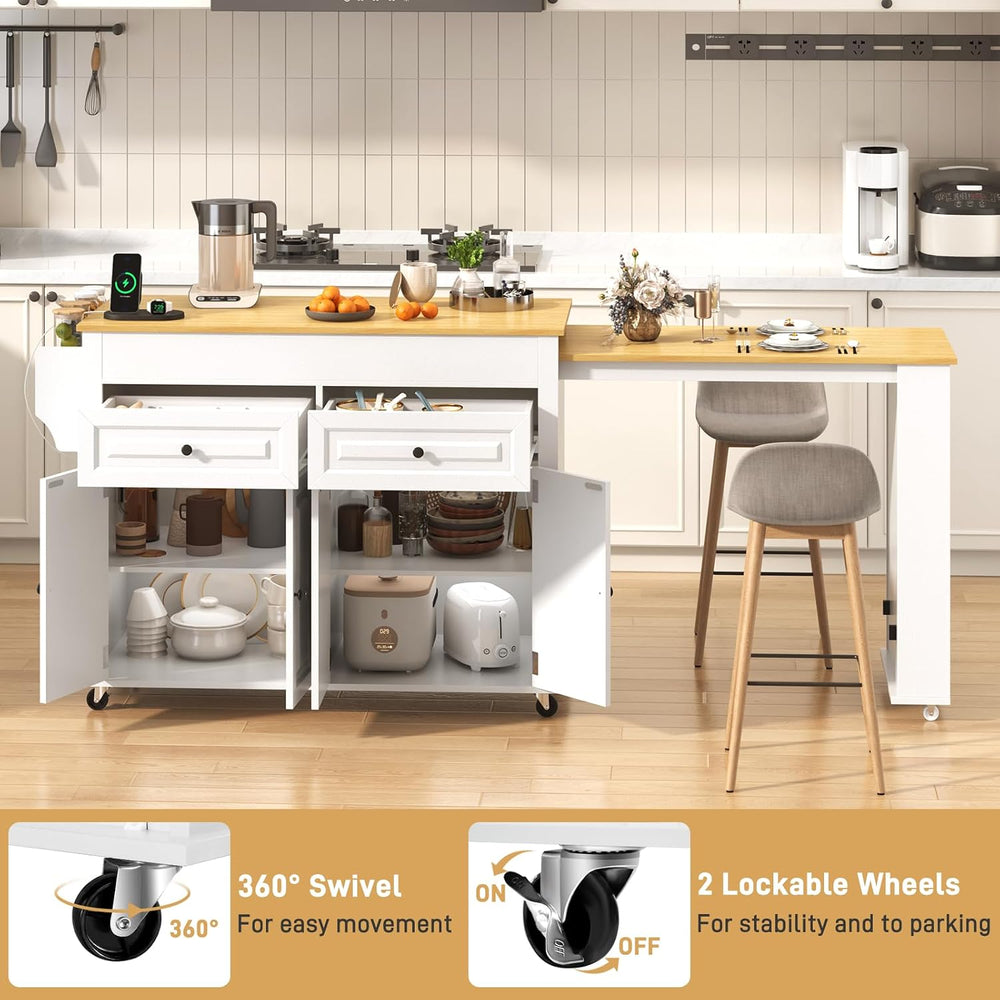 80"-48" Extendable Kitchen Island with Extended Dining Table and Po...