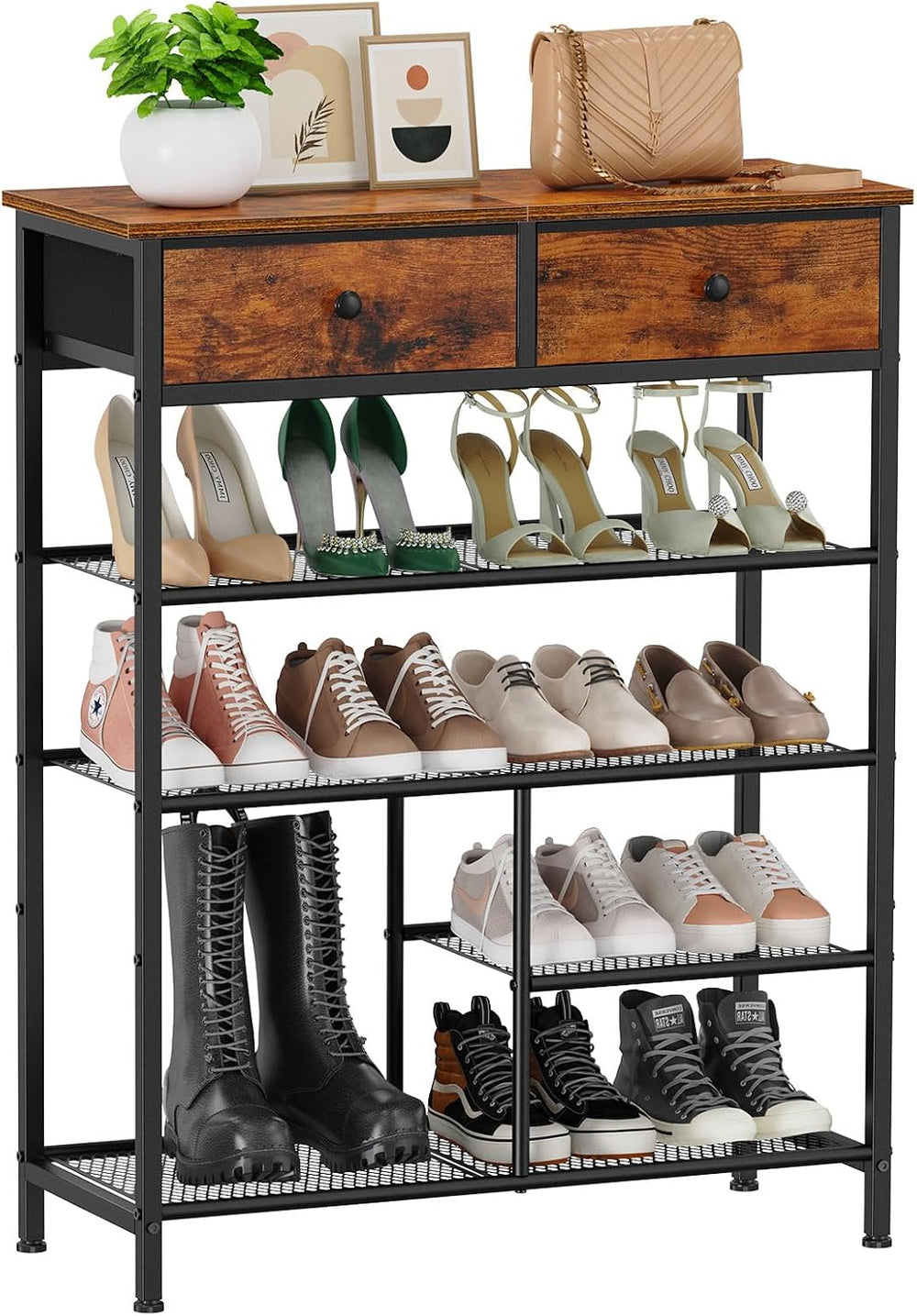 Snughome Shoe Rack, 5 Tier Shoe Storage Organizer with 2 Drawers, Shoe Storag...