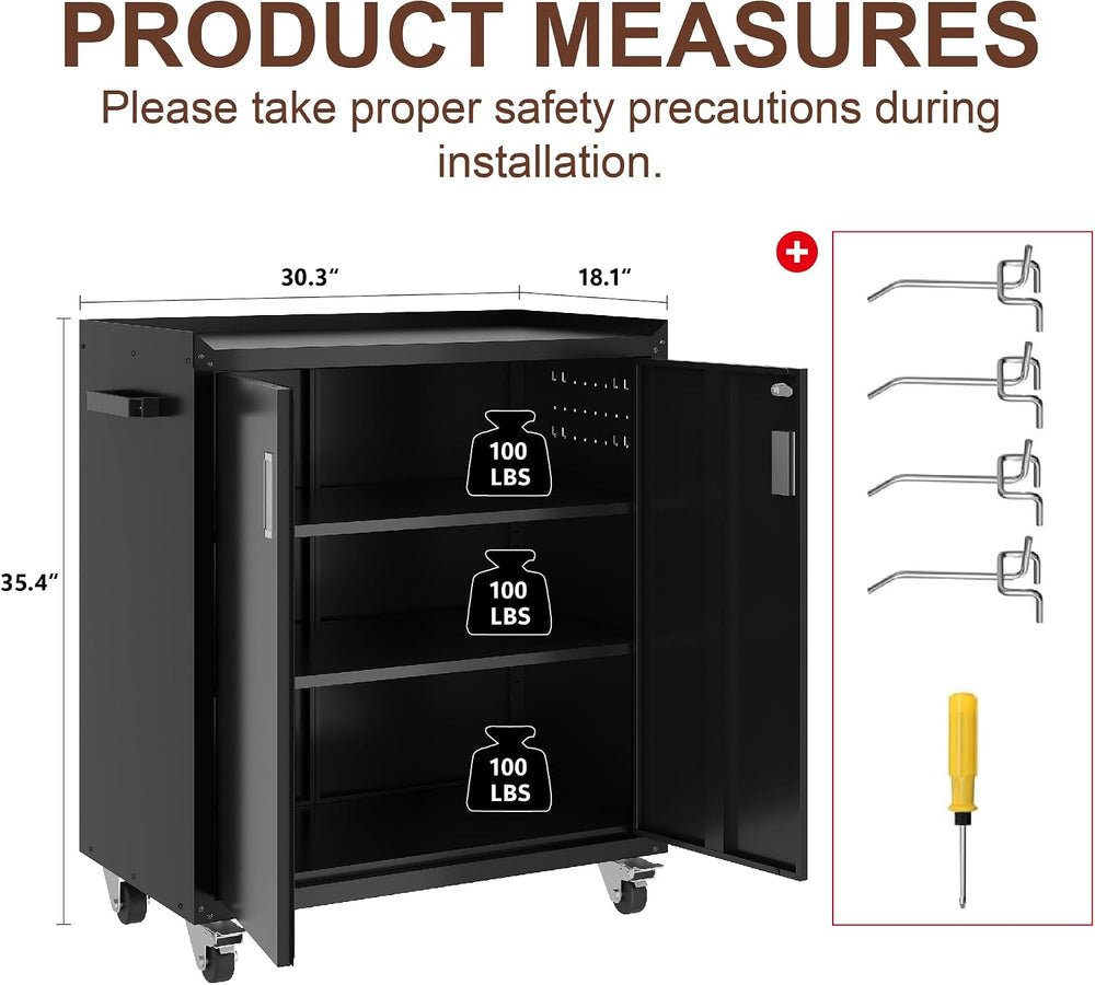 Metal Storage Cabinet with Wheels - Lockable, Rolling Tool Cabinet for Home, ...