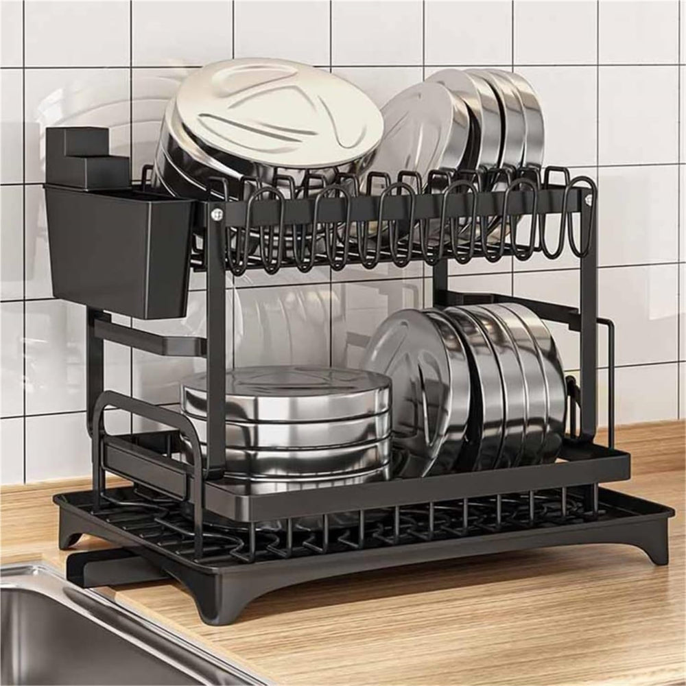 2 Tier Dish Drying Rack Stainless Steel with Auto Drainboard 360° Swivel Spou...