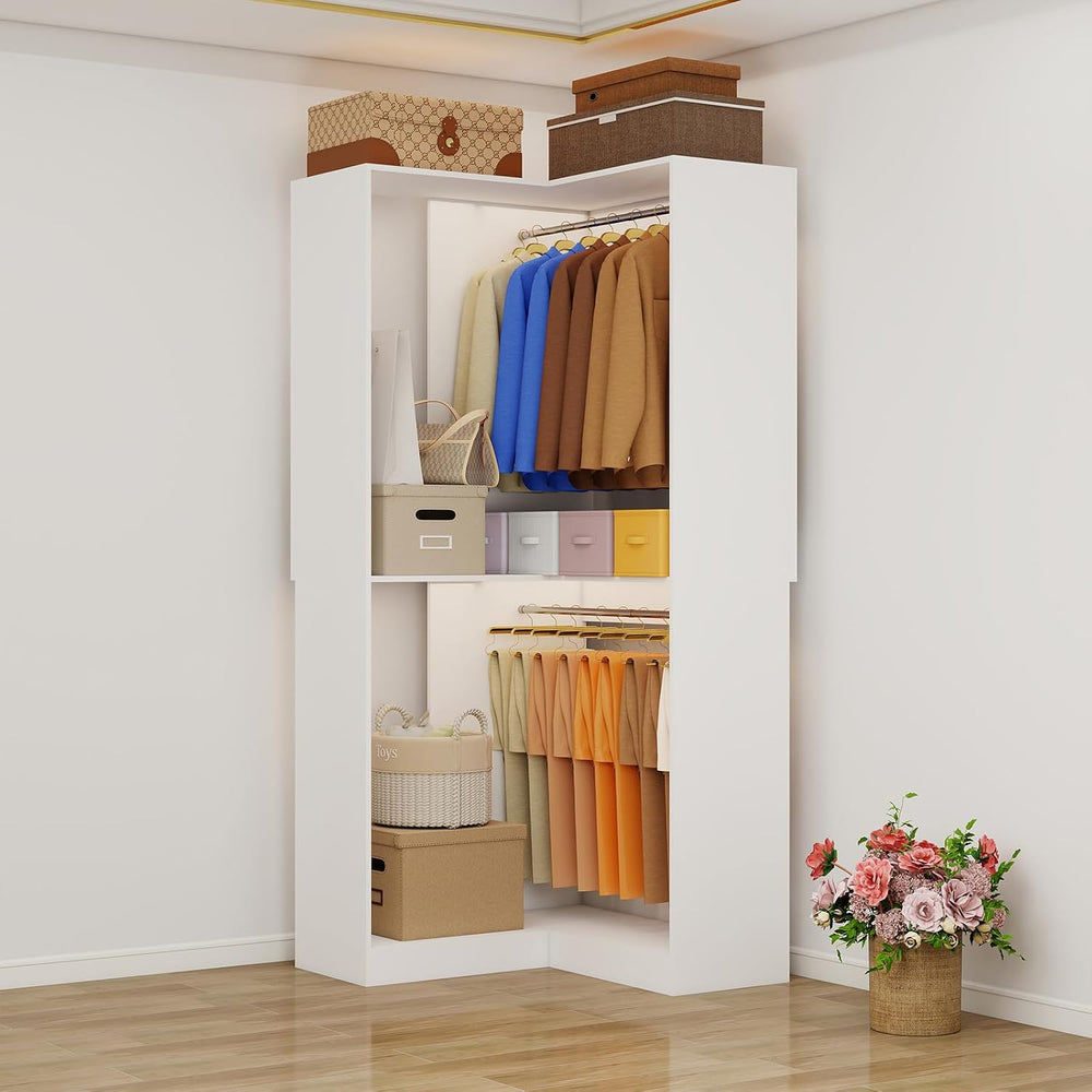 Corner Closet System with 3 Hanging Rods, Freestanding Closet Organizer Stora...