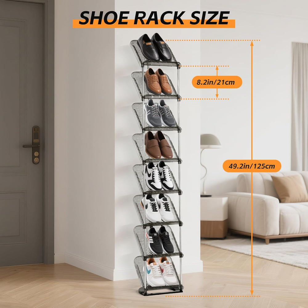 SMILHELTD Vertical Shoe Rack 8 Tiers Narrow Clear Sneaker Storage Organizer