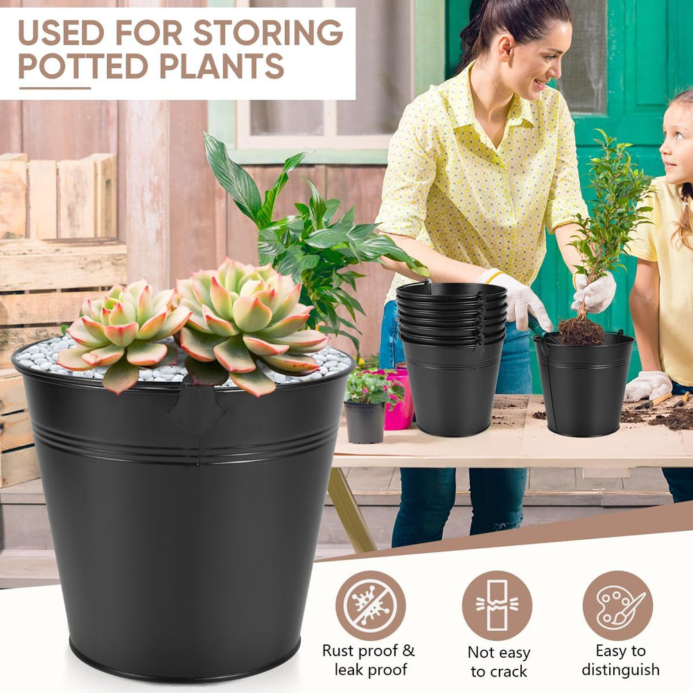 OBTANIM 7 Pack Black Metal Buckets with Handle Galvanized Ice Pails for Plant...