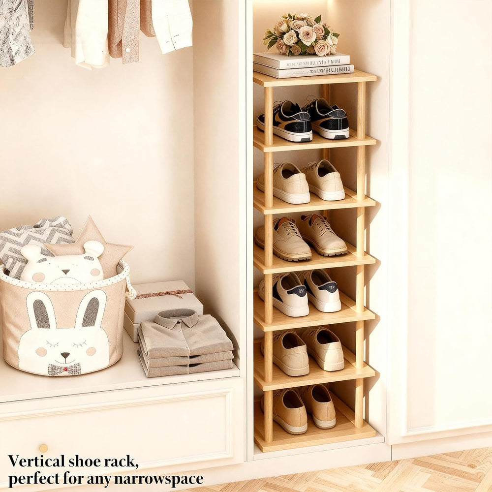 Aniston 7 Tier Bamboo Shoe Rack, Free Standing Slim Narrow Shoe Storage, Vert...