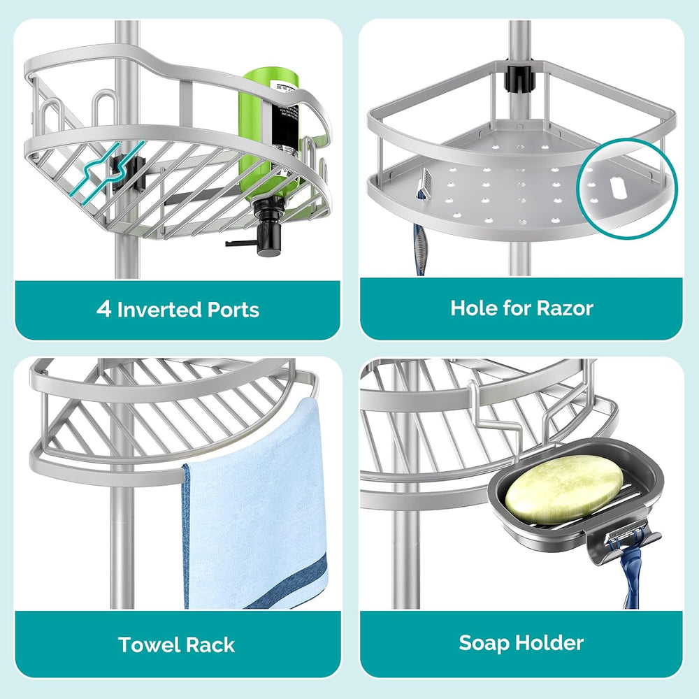 HAMITOR Corner Shower Caddy Tension Pole: Rustproof Stable 4-Tier Bathroom Or...