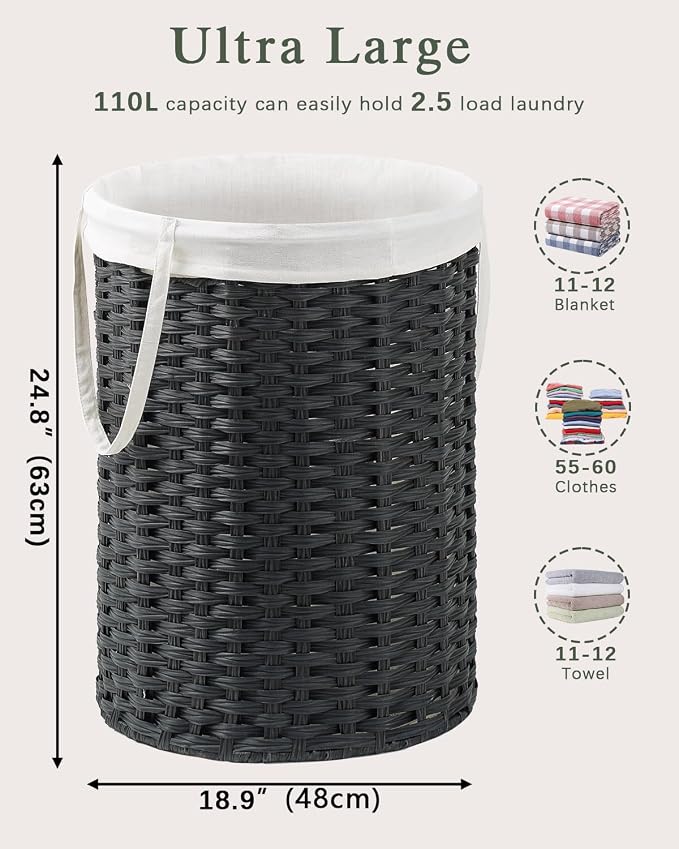 Laundry Basket Round Rattan Laundry Hamper 29.1 Gal Handwoven Large Wicker