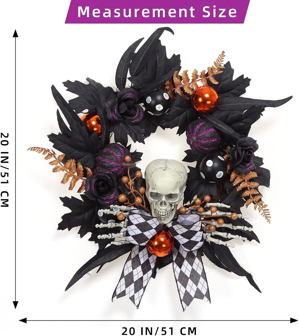 Halloween Wreath for Front Door Halloween Skeleton Decorations, 20 Inch Pumpk...