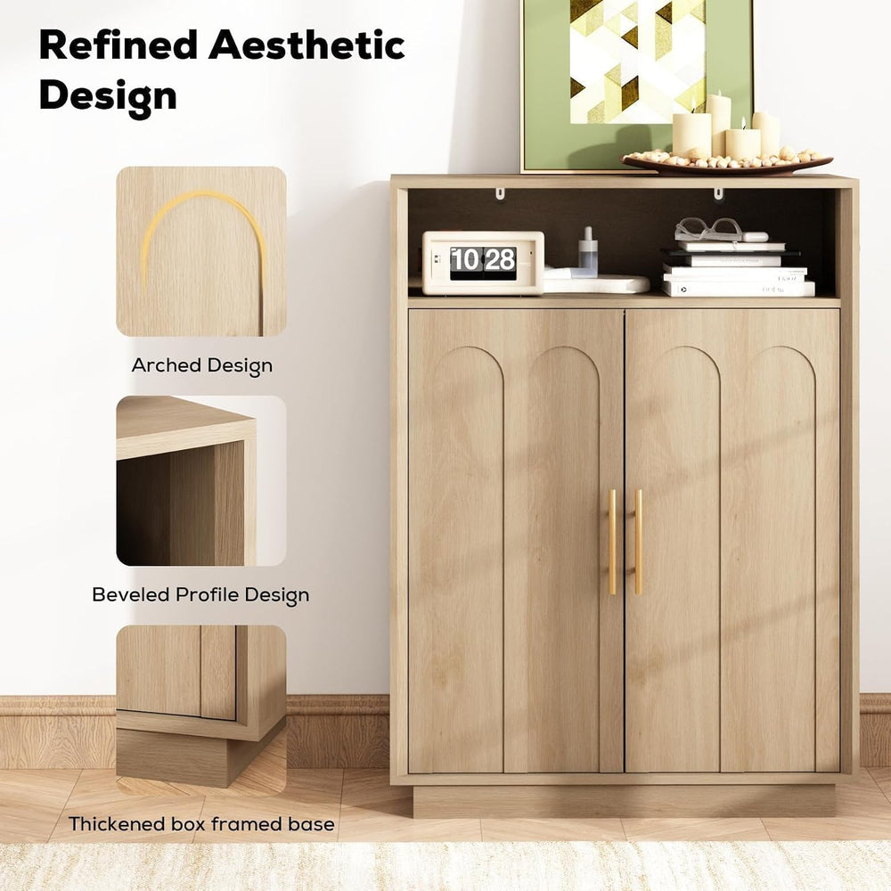 Shoe Cabinet with Arched Doors, 43" Hidden Shoe Storage, Oak