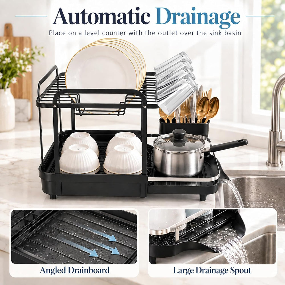 2 Tier Dish Drying Rack, Dish Drainer with Drainboard Set, Black