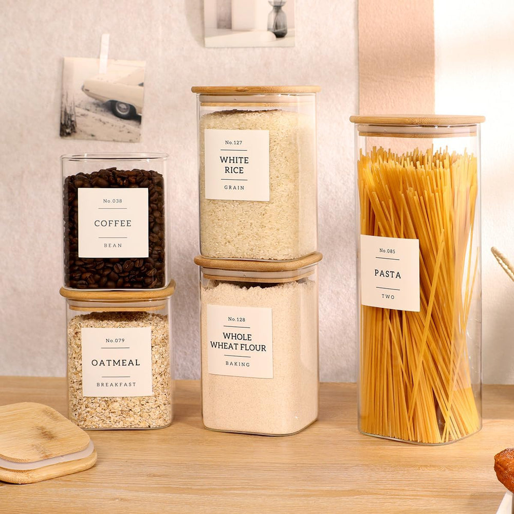 5 Pack Square Glass Pantry Storage Containers with 132 Kitchen Food Pantry La...