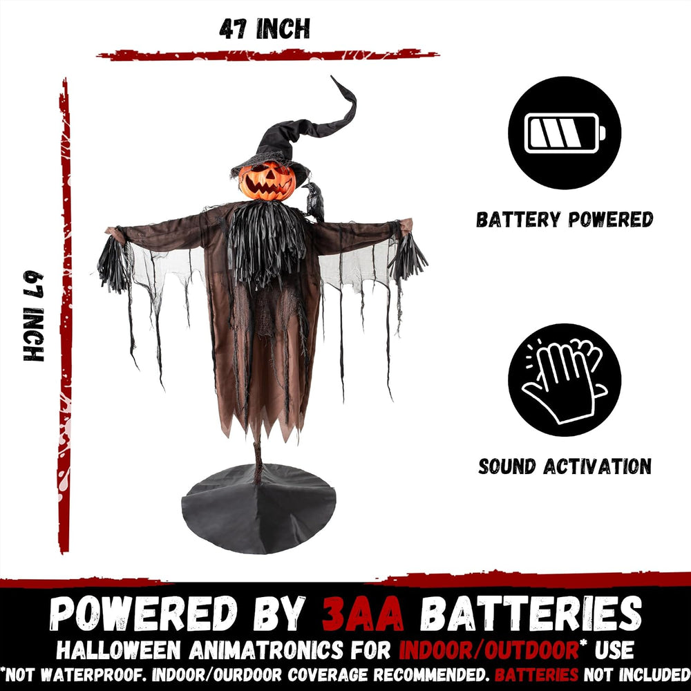 Halloween Animatronics Decorations, 5.5FT Animated Scarecrow with Pumpkin Hea...