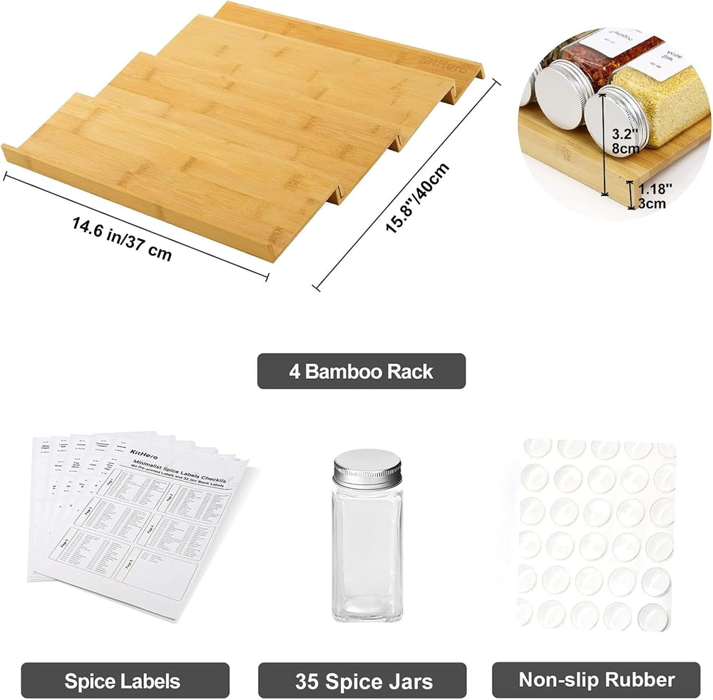 Spice Drawer Organizer with 35 Spice Jars,216 Labels,25 Non-slip Rubber, Bamb...