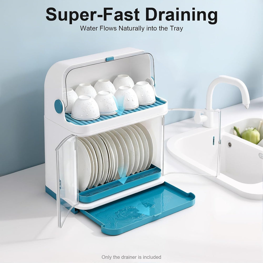 2-Tier Dish Dryer Rack with Cover & Drainboard Utensil Organizer with Lid...