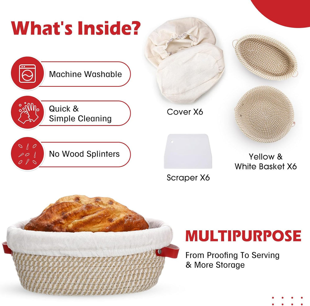 Gejoy 6 Set Cotton Rope Banneton Bread Proofing Basket with Cloth Liner and P...