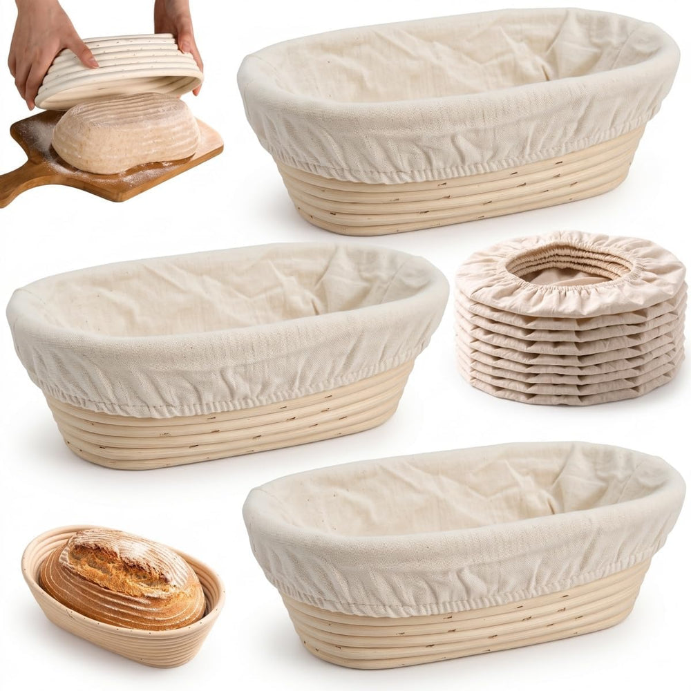 3 Pcs 10 Inch Oval Banneton Bread Proofing Baskets with 9 Cotton Liners