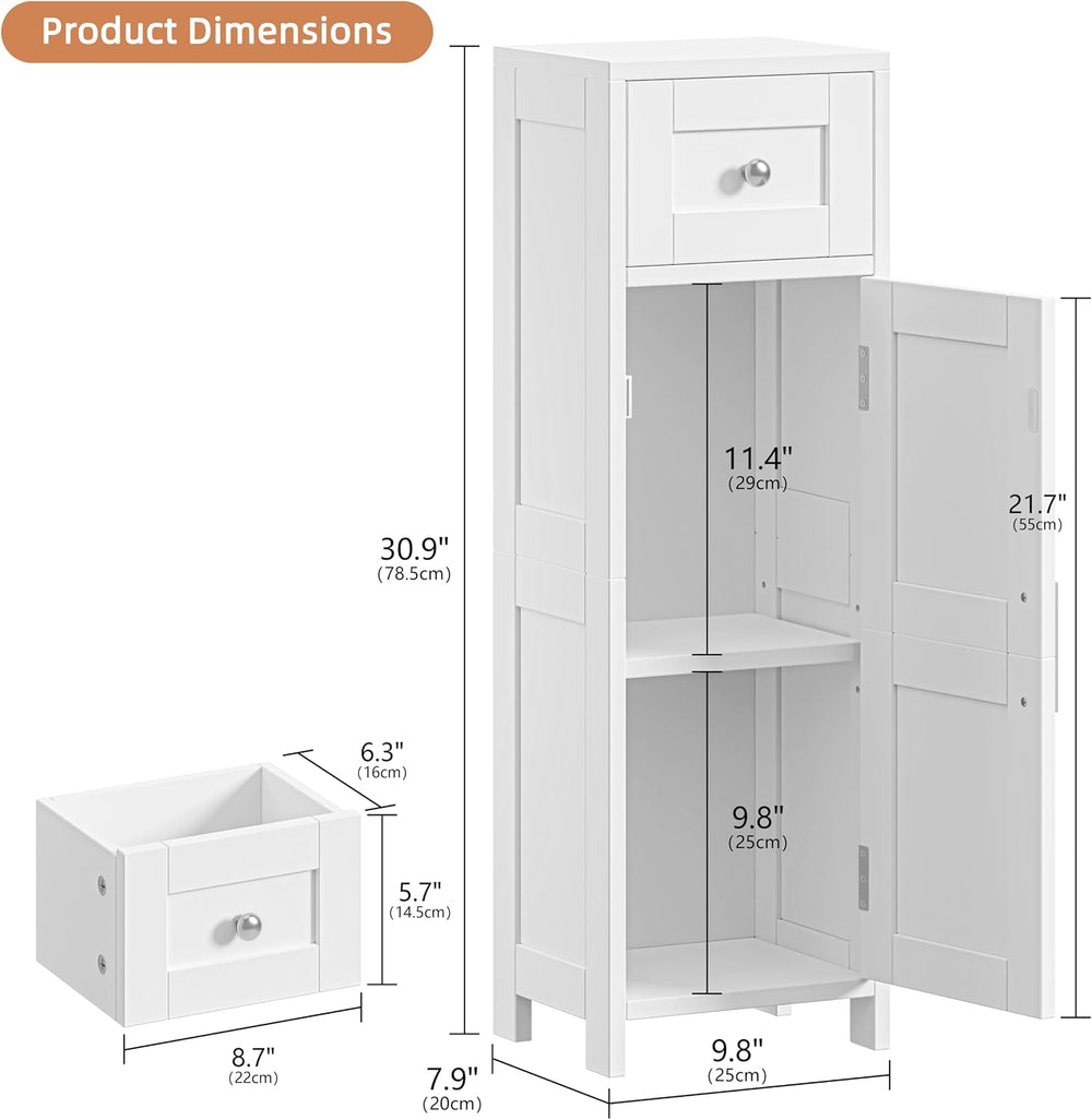 9.8"W Bathroom Storage Cabinet with Drawer & Door, Narrow Floor Cabinet