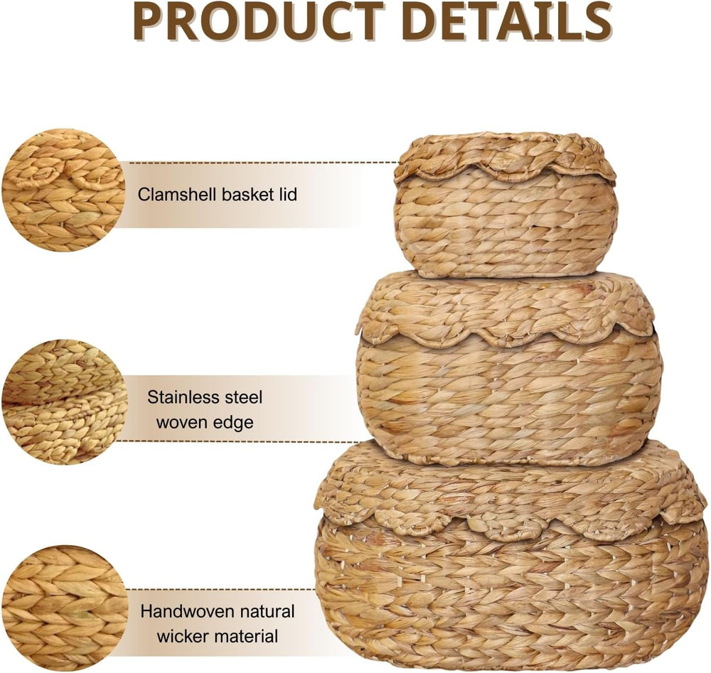 Scalloped Basket Set of 3 with Lids, Bread Basket, Natural