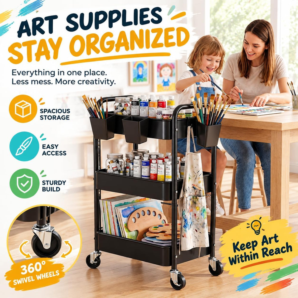 3 Tier Heavy Duty Metal Rolling Storage Cart Organizer with Wheels, Black