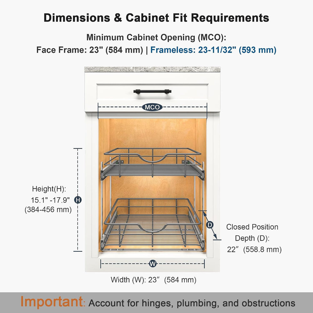 2 Tier Pull Out Cabinet Organizer - 23" W x 22" D Soft Close Slide ...