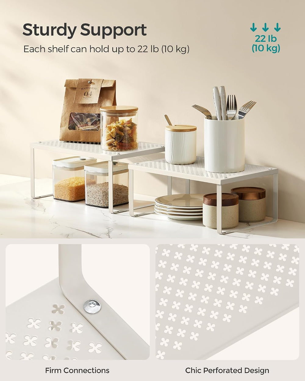SONGMICS Set of 4 Metal Spice Racks, Stackable Expandable Shelf Risers