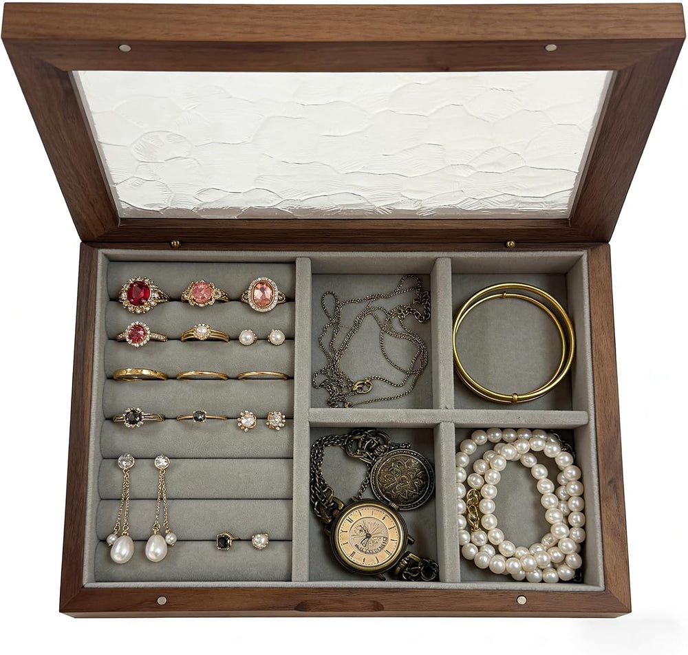 Wooden Jewelry Box with Glass Lid, Multi-Compartment Jewelry Display Case, Li...