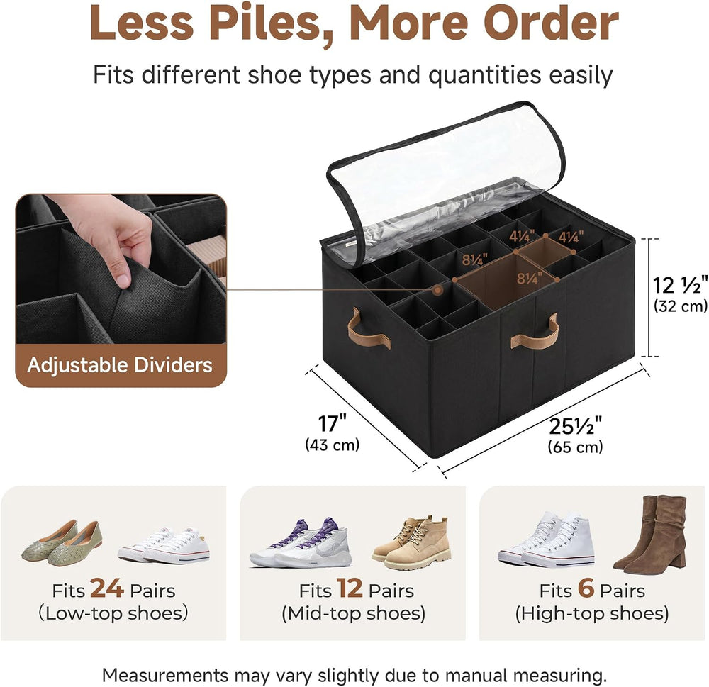 StorageWorks 24-Pair Large Shoe Organizer Box, Adjustable Dividers, Black