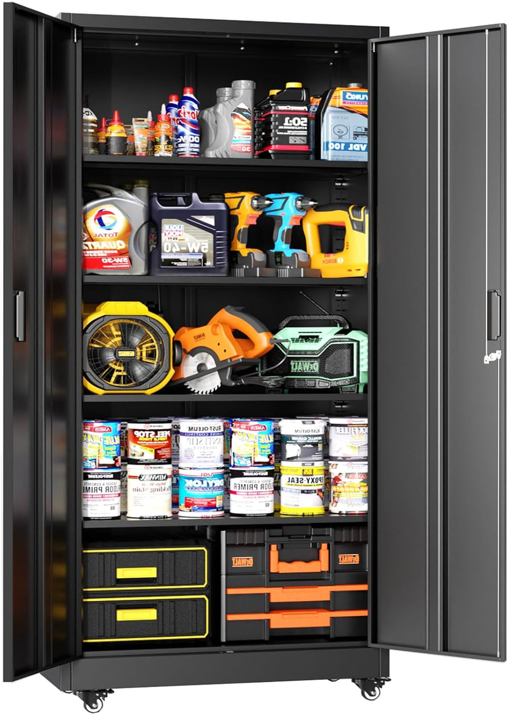 Greenvelly Metal Garage Storage Cabinet with Wheels, Black 73" Rolling M...