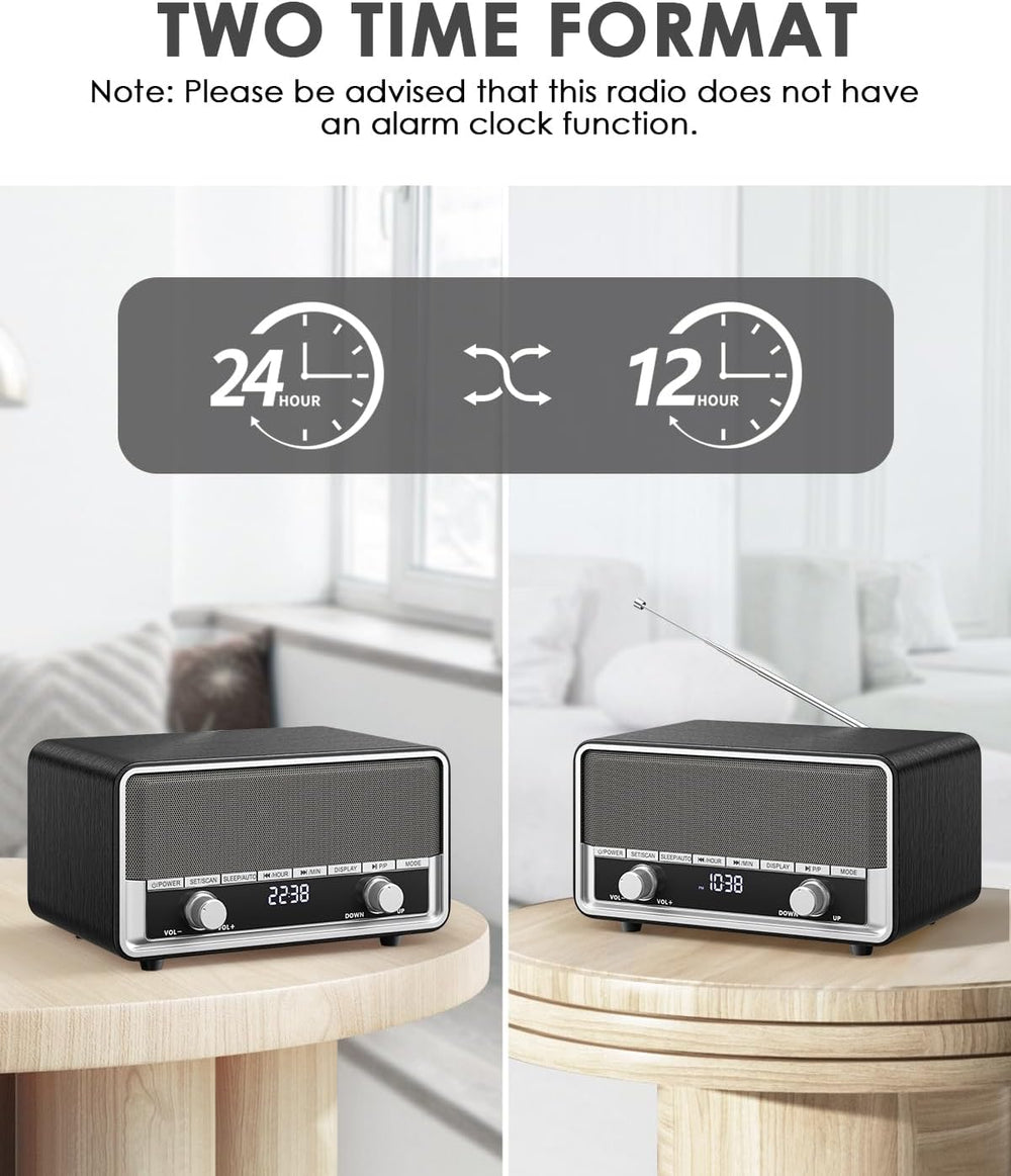 Retro Wood AM FM Bluetooth Radio with Time/Station Display
