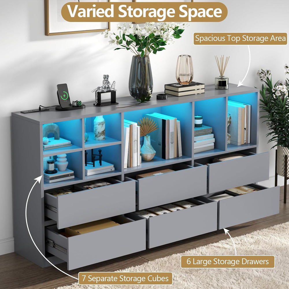 Grey 6 Drawers Dresser with 7 Storage Cubbies, LED Lights, Power Outlets