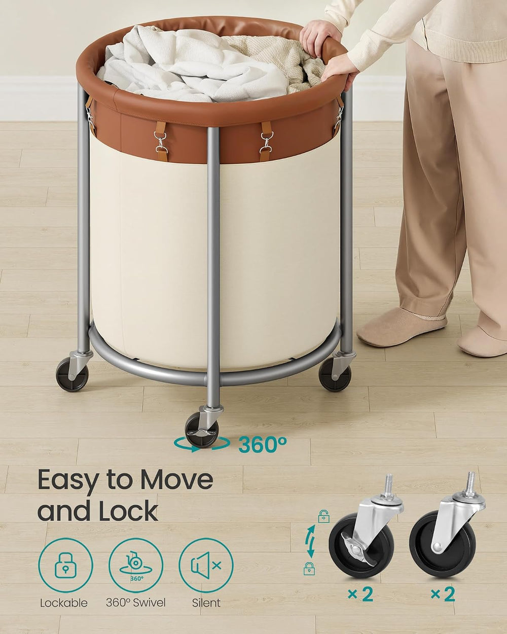 SONGMICS Laundry Basket with Wheels,190 L, Steel Frame, Removable Bag