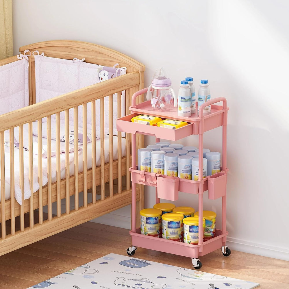 3 Tier Rolling Utility Cart with Drawer, Plastic Storage Organizer Rolling Ca...