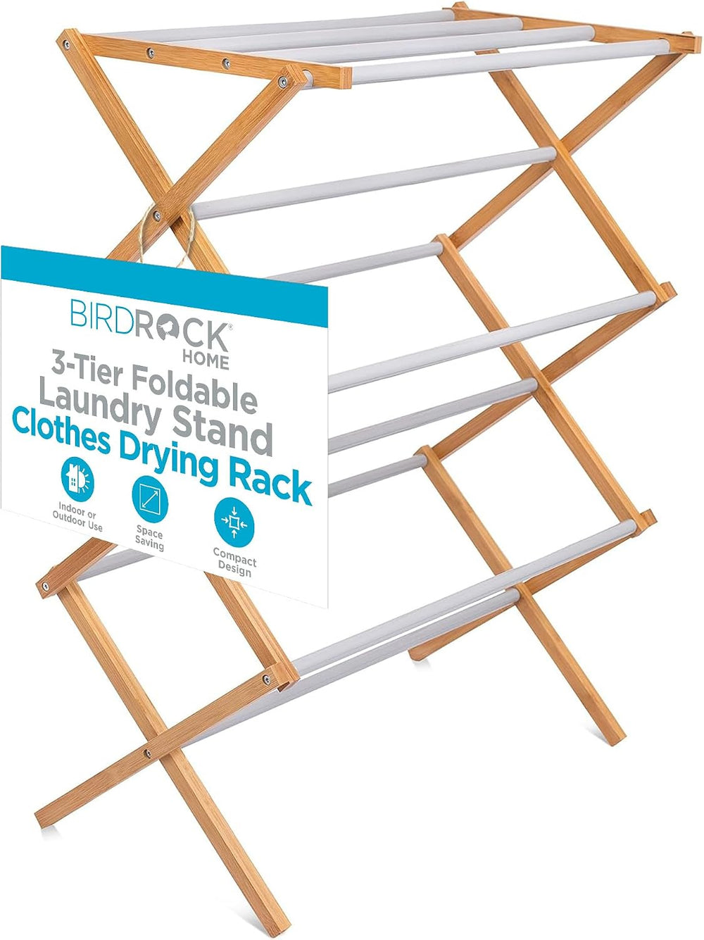 BIRDROCK HOME Wooden Clothes Drying Rack | 3-Tier Foldable Bamboo Laundry Sta...