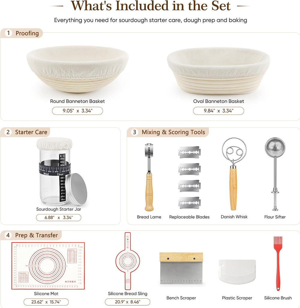 Sourdough Starter Kit, Round & Oval Banneton Bread Proofing Baskets