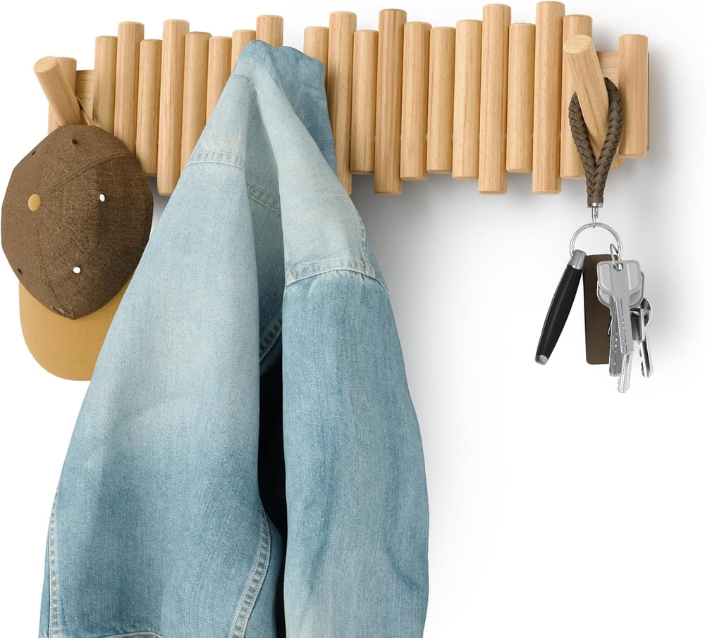 Umbra Picket Coat Rack with 8 Hooks – Natural Wall-Mounted Coat Rack with Fli...