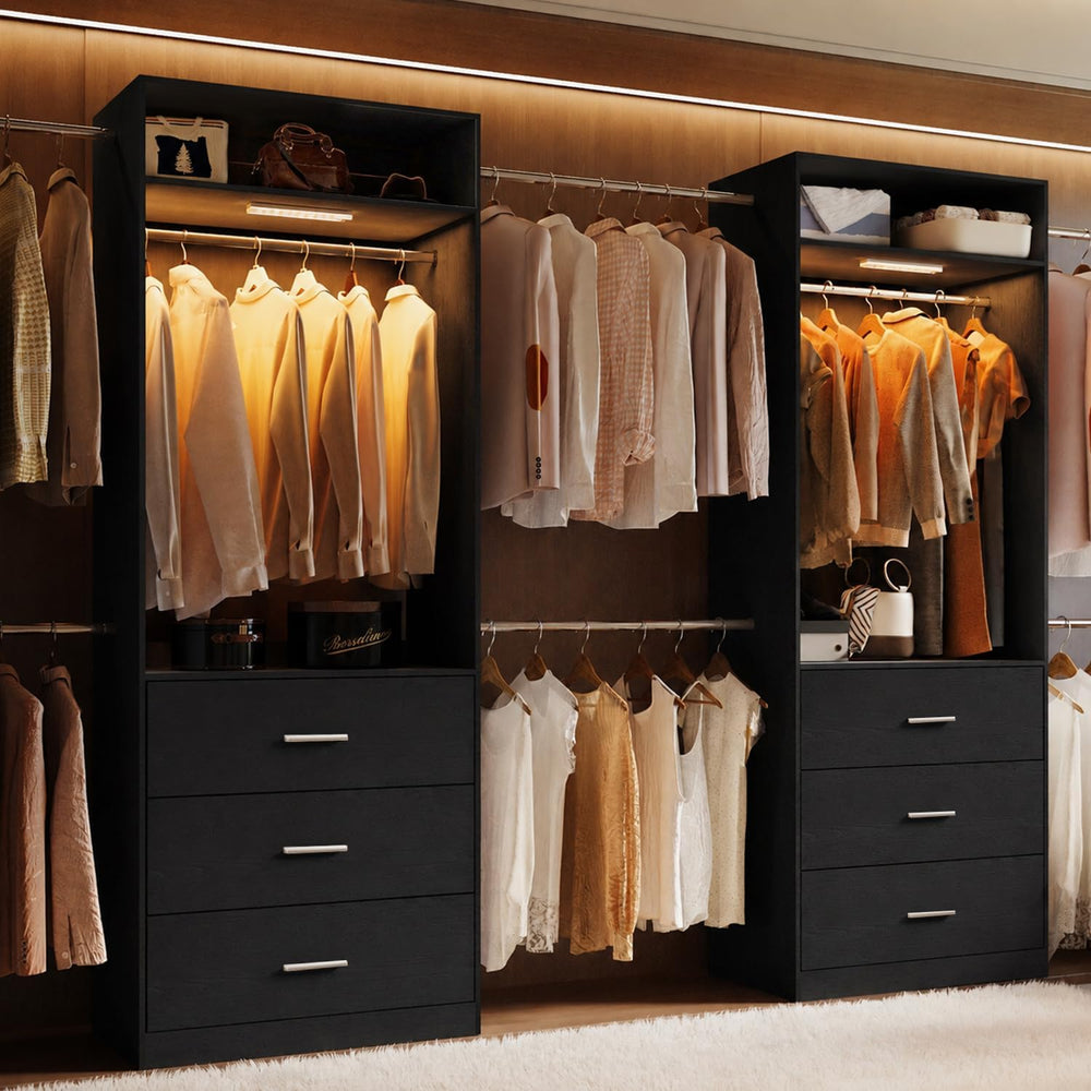 Wooden Closet System With LED Light 11FT Closet Organizer with 3 Wooden Drawe...