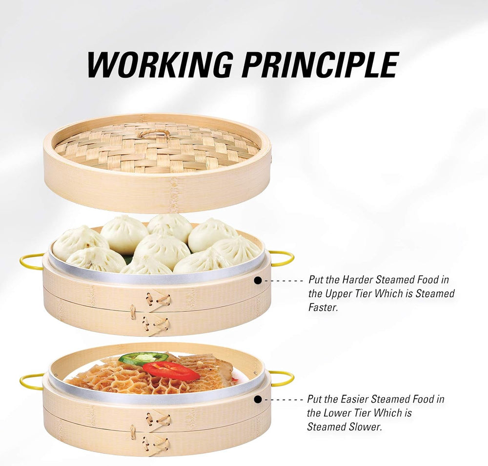 MacaRio 10 Inch Bamboo Dumpling Steamer Basket Set with Ring Adapter