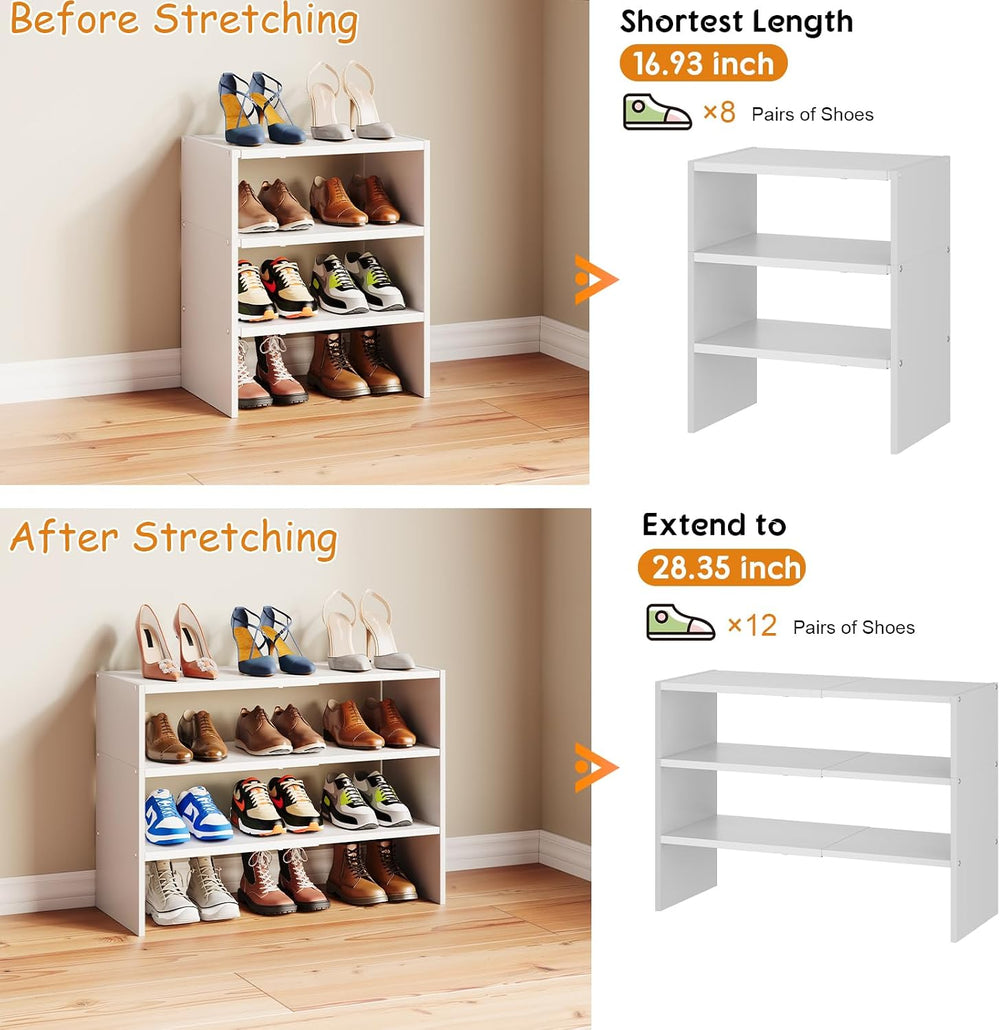 3-Tier Expandable White Shoe Rack Organizer for Closet, Stackable Shoe Racks ...