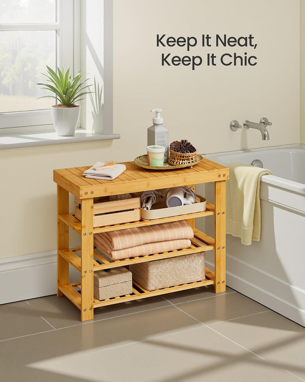 SONGMICS Shoe Rack Bench, 4 Tier Bamboo, 11.3 x 27.6 x 20.5 Inches