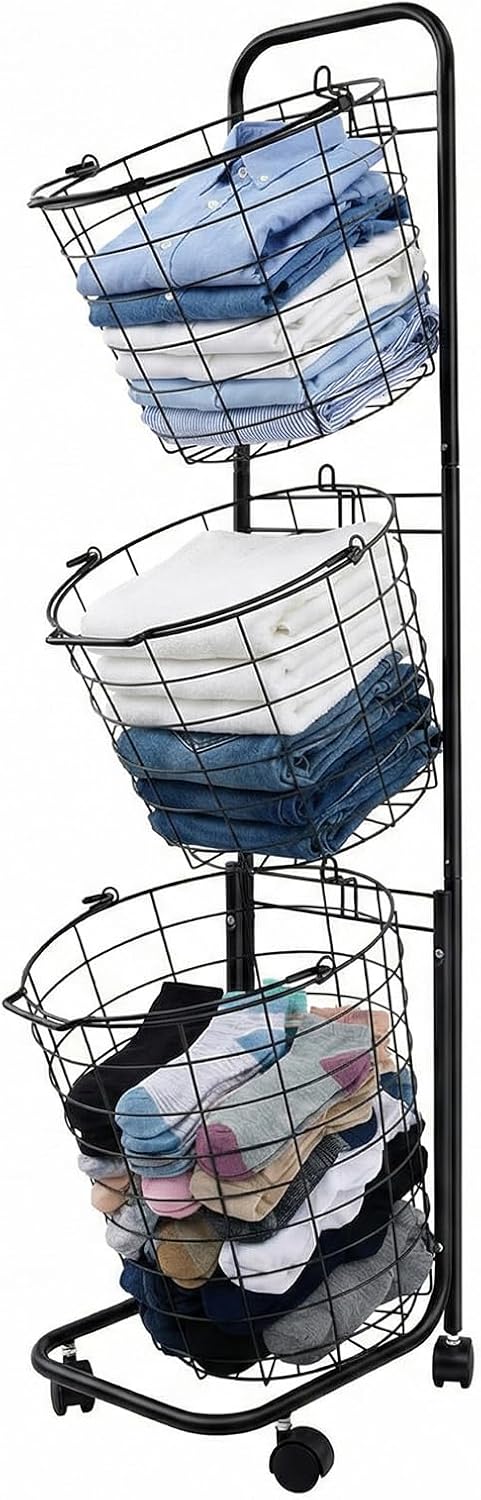 Laundry Basket on Wheels,3 Tier Large Laundry Hampers,10.4 * 13 * 48.4inch Cl...