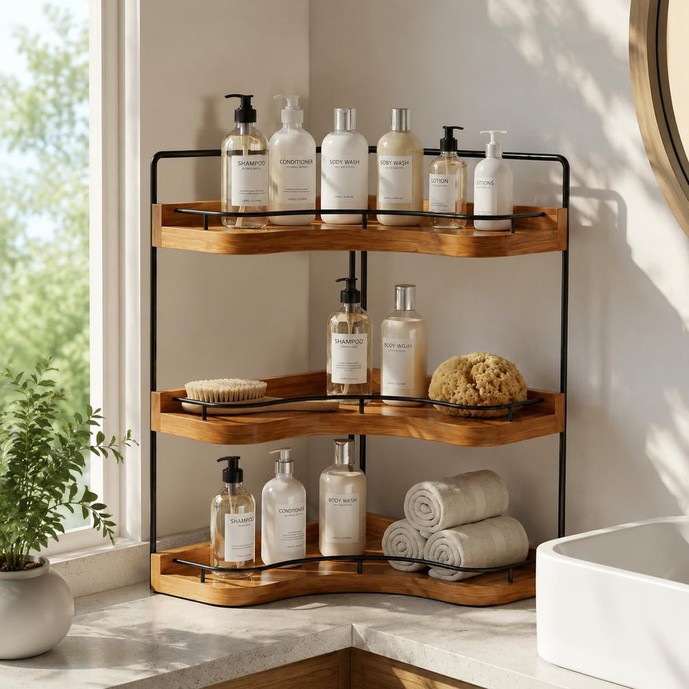 3-Tier Corner Bathroom Counter Organizer, Solid Wood Corner Shelf