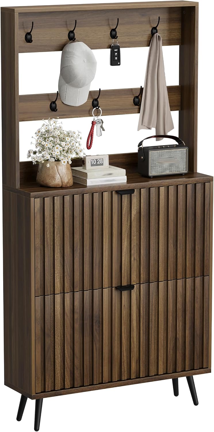Smuxee Shoe Cabinet with 2 Flip Drawers & Coat Rack Hooks, 31.5" Wal...