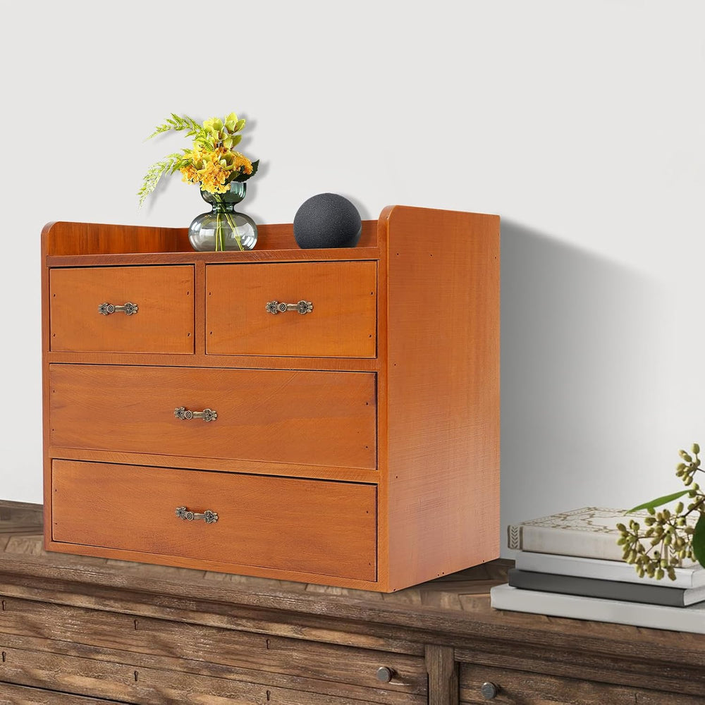 Wood Desktop Organizer with 4 Drawers Countertop Desk Storage Cabinet Retro W...
