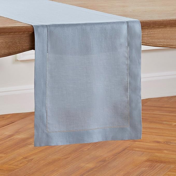 Solino Home Linen Dusty Blue Table Runner 36 Inches - Classic Hemstitch, 100%...