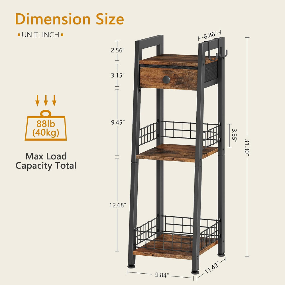 Narrow Bathroom Ladder Shelf with Drawer, 3-Tier, Rustic Brown