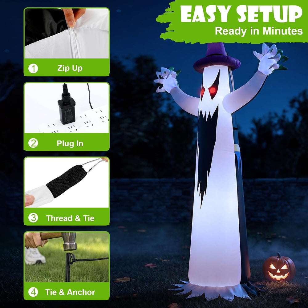 8FT Double-Sided Halloween Inflatable Witch & Ghost Blow Up