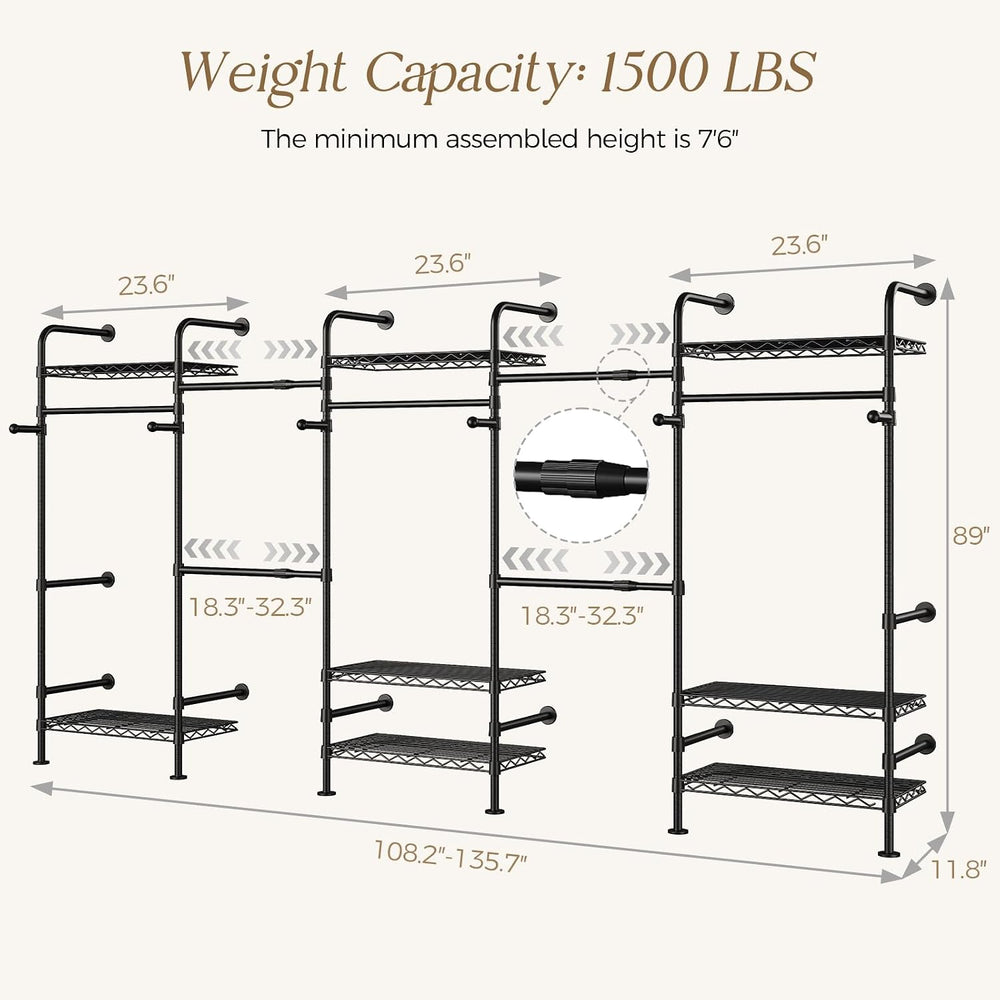 Wall Mounted Closet System, Heavy Duty 5-Row Clothes Rack, Expandable Industr...