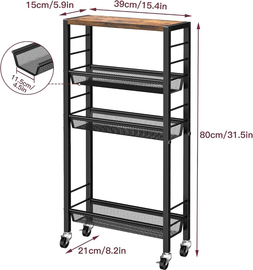 Slim Rolling Cart, 4-Tier Narrow Kitchen Storage Cart, Slim Utility Cart on W...